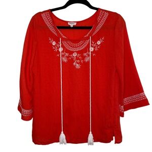 Kindred Petite Blouse Womens PM Red Embroidered Boho Tassel Coastal Peasant